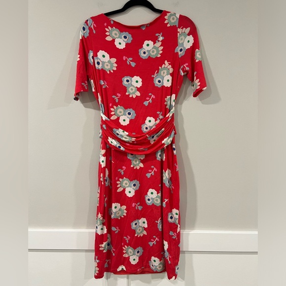Boden Lottie Ruched Jersey Red Floral Print Midi Dress Bloom Size 8 L - Picture 3 of 8